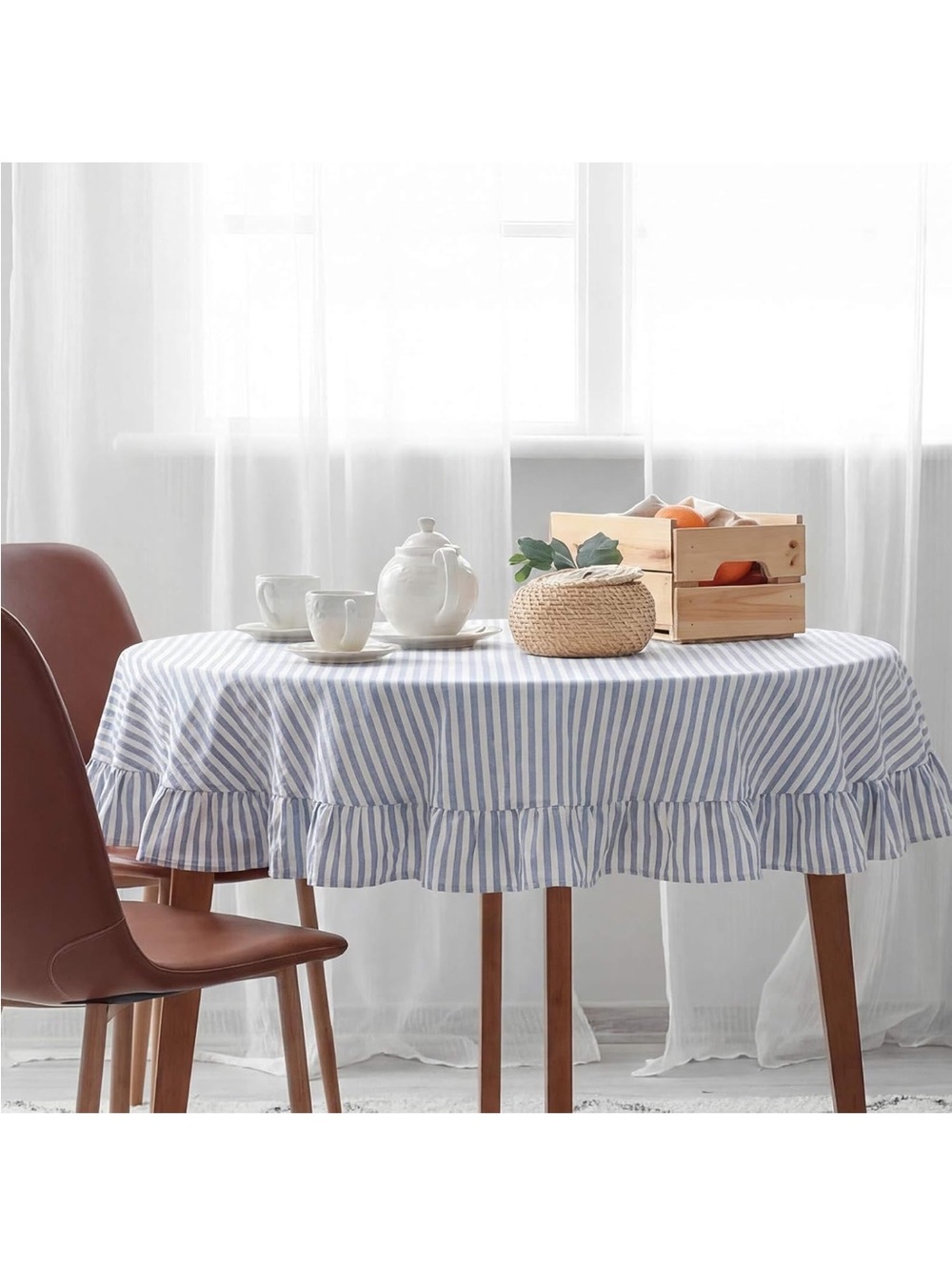 NEW Frienda Blue Stripe Ruffle Table Cloth Farmhouse - Picture 5 of 10